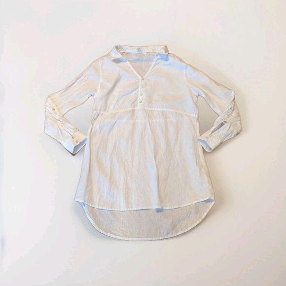 Sigrid Olsen Linen Top Womens Medium White Tunic Roll Tab Sleeve Pocket - Picture 1 of 7